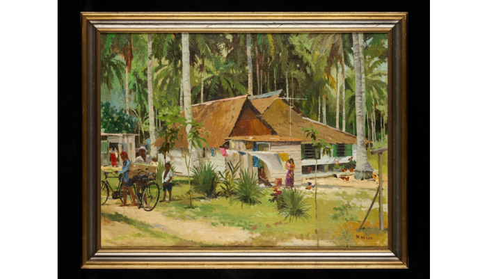 <strong>Kampong in Loyang</strong><br>
Lee Boon Wang (1934–2016) <br>
AB2004-00023<br>
Oil on canvas<br>
Undated<br>
Collection of National Heritage Board